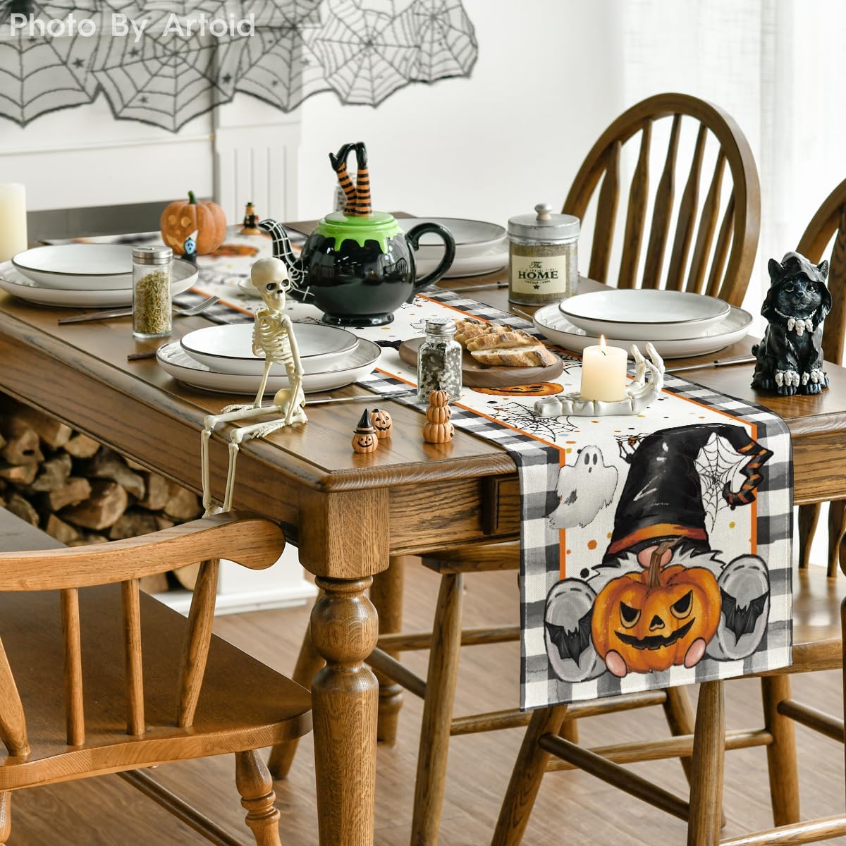 Artoid Mode Buffalo Plaid Gnome Bat Pumpkin Ghost Halloween Table Runner, Sensonal Kitchen Dining Table Decor for Home Party 13x48 Inch