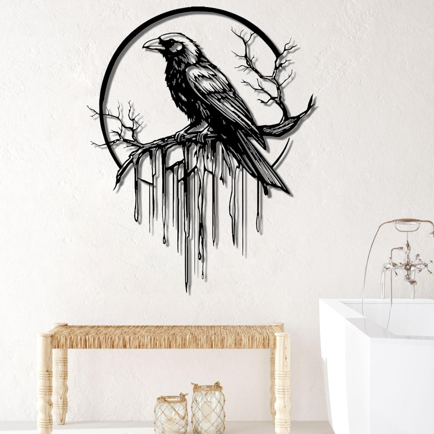 Crow Metal Wall Decor, Raven Wall Art, Large Gothic Raven Decor Hangings, Bird Wall Decor, Metal Tree Branch Decor, Ravens Sign, Raven Art for Living Room (Gold, 35"x28" | 90x72cm, metal wall art)