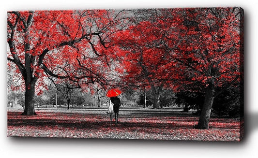 Bamdeya Black White and Red Canvas Wall Art Tree Painting Forest Prints Art Scenery Picture Romantic Couples Artwork for Wall Framed Large Wall Art Living Room Décor Wall Art Bedroom-30x60inches