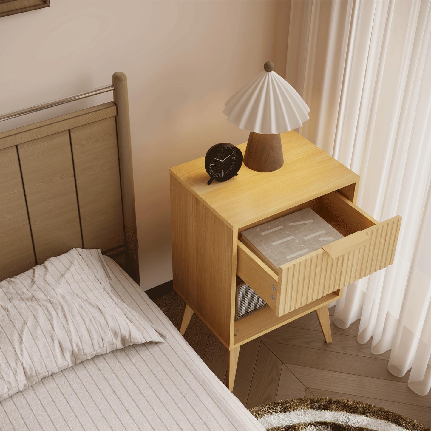 Fluted Night Stand with Opening Storage,Mid Century Bedside Table with Drawer,Wood Nightstand with Solid Wood Legs,End Table Side Table for Living Room,Bedroom,Natural CTG56Y