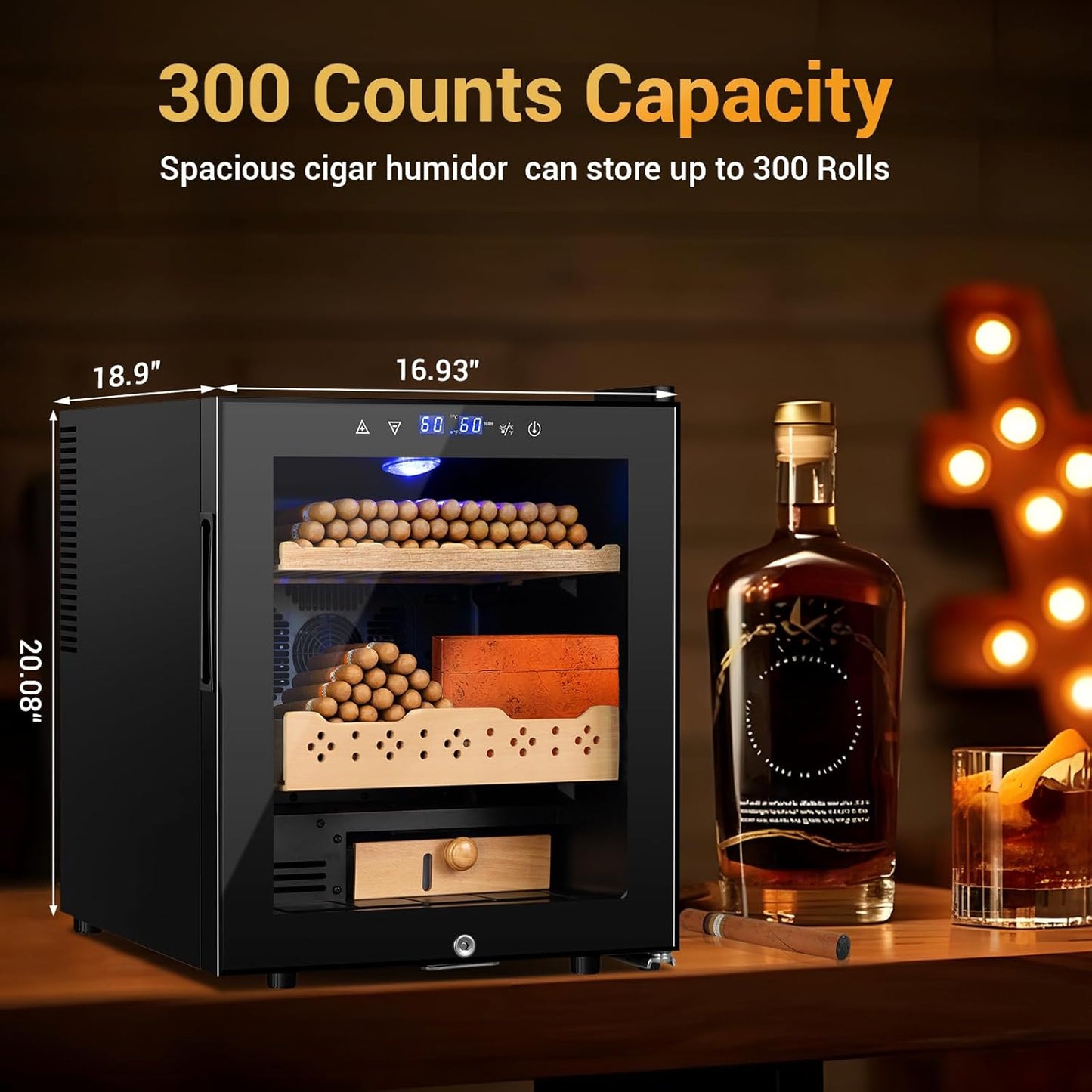 Electric Humidor for Cigars, 50L 300 Counts Large Capacity,Thermostatic Desktop Electric Cooler Cabinet with Digital LED Screen, Safety Lock,Smart Humidity & Temp Control, Gifts for Men