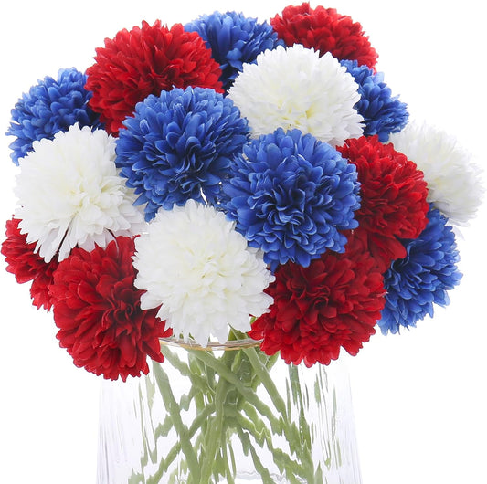 Kimura's Cabin 21Pcs Faux Chrysanthemum Flowers 4th of July Patriotic Flower Decor Artificial Mums Memorial Day Fake Ball Flower Home Event Table Centerpieces DIY Decoratio (Red White Blue