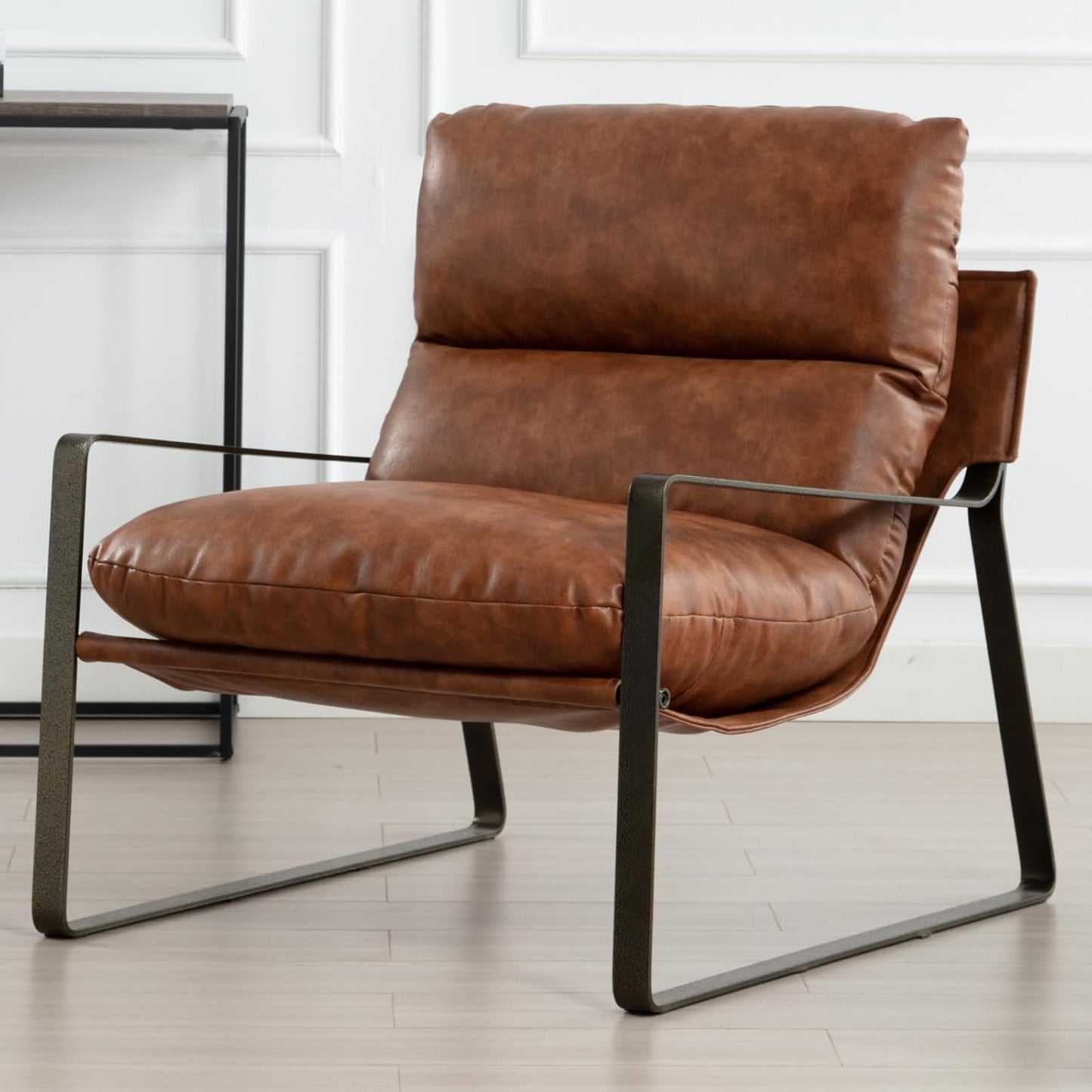 DUOMAY Mid-Century Accent Chair Armchair, Comfy PU Leather Leisure Chair Lazy Chair with Brozen Metal Leg for Living Room Bedroom Office Apartment, Brown