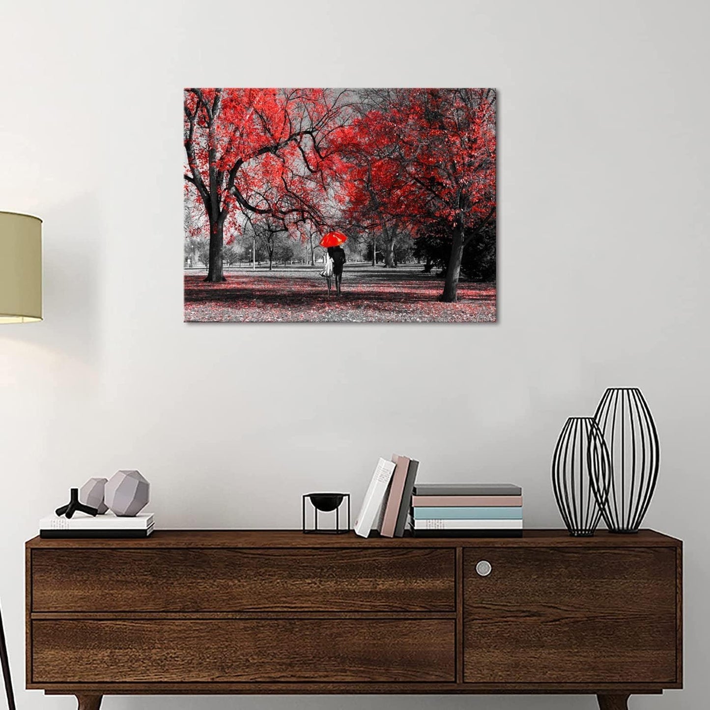 Bamdeya Bathroom Wall Art Gray Red Wall Decor Forest Canvas Painting Tree Prints Art Scenery Artwork for Wall Landscape Picture Black and White Wall Art Bedroom Room Décor Decoration -12x16inches
