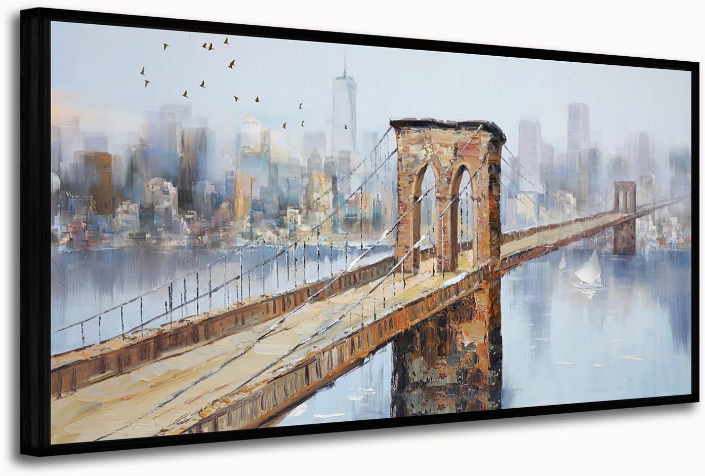 Arjun Brooklyn Bridge Canvas Wall Art Abstract Skyline New York City Painting Modern NY Cityscape Picture Textured Artwork for Bedroom Living Room Bathroom Home Office Wall Decor Framed Large 40"x20"