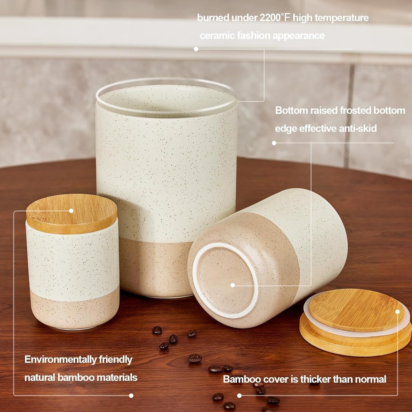 Yangbaga Canister Sets for Kitchen Counter, 80 OZ Large Ceramic Food Storage Jars with Airtight Wood Lids, Large Kitchen Canisters for Coffee, Sugar, Tea, Flour, Spice