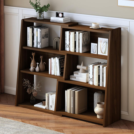 IOTXY Wooden Extendable Shelf Bookcase - 3-Tier Ladder Low Short Bookshelf for Small Space or Corner, Dark Walnut, S