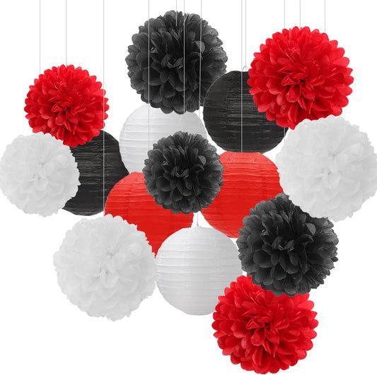 Red-Black White Party-Decorations Paper Flowers Lanterns - 15PCS Halloween Birthday Tissue Pom Poms Streamers,Wedding Baby Bridal Shower Hanging Supplies Decor Hugfond