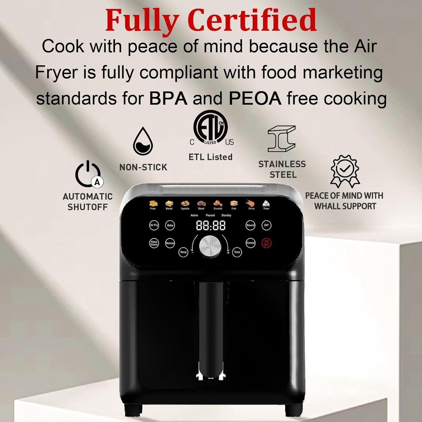 6QT Air Fryer Oven with LED Digital Touchscreen, 12 Preset Cooking Functions Air fryers, Bake, Reheat, Keep Warm, Nonstick and Dishwasher-Safe Basket, Stainless Steel/Black