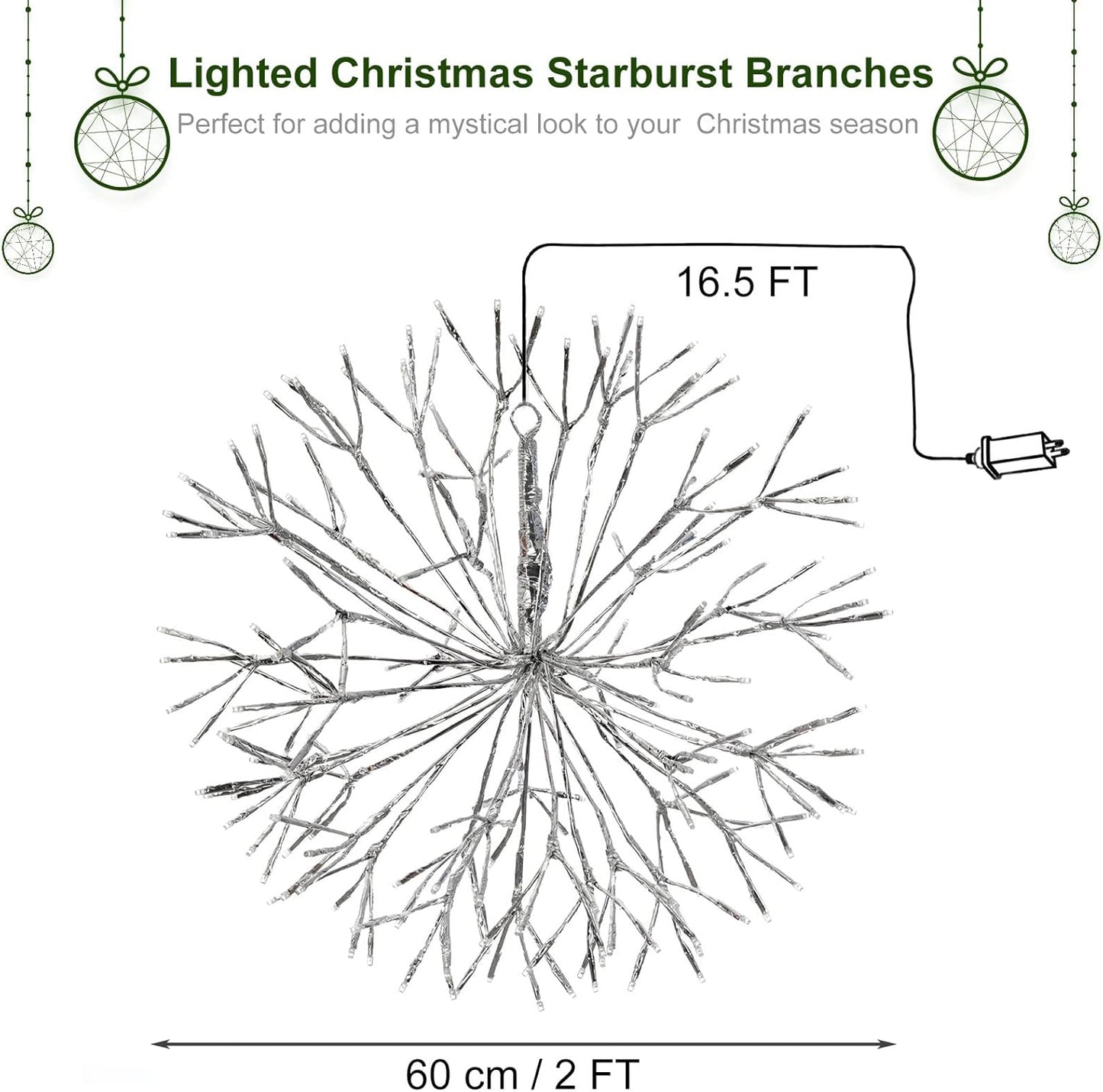 Christmas Hanging Starburst Lighted Branches, Pre-Lit 24’’ Dia Sliver Starry with 160PCS Multi Color LED Twinkle Hanging Ball Light Plug in Indoor