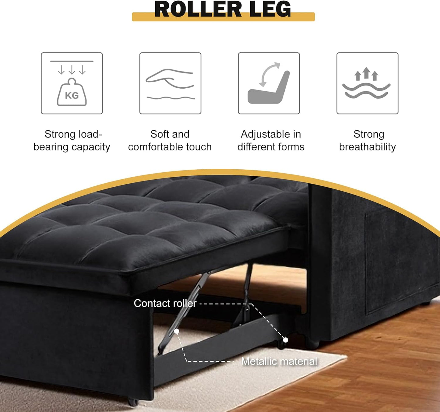3 in 1 Convertible Sleeper Sofa Bed, Velvet Pull Out Sofas Beds with Side Pocket, 54” Adjustable Backrest Futon Sofa Bed, Love Seat Sleepers Couch for Living Room, Bedroom, Small Space, Black