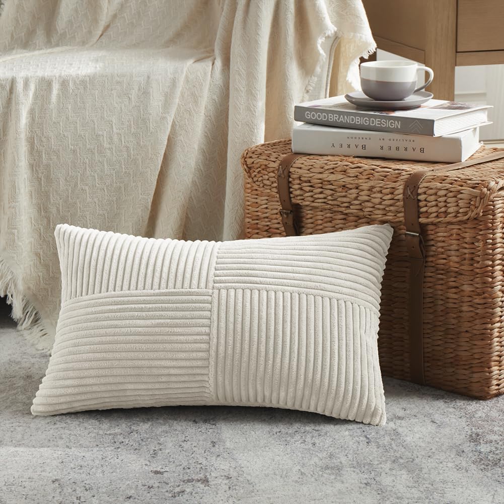 Fancy Homi 2 Packs Cream Lumbar Decorative Throw Pillow Covers 12x20 Inch for Living Room Couch Bed Sofa, Rustic Farmhouse Boho Home Decor, Soft Striped Corduroy Rectangle Accent Cushion Case 30x50 cm