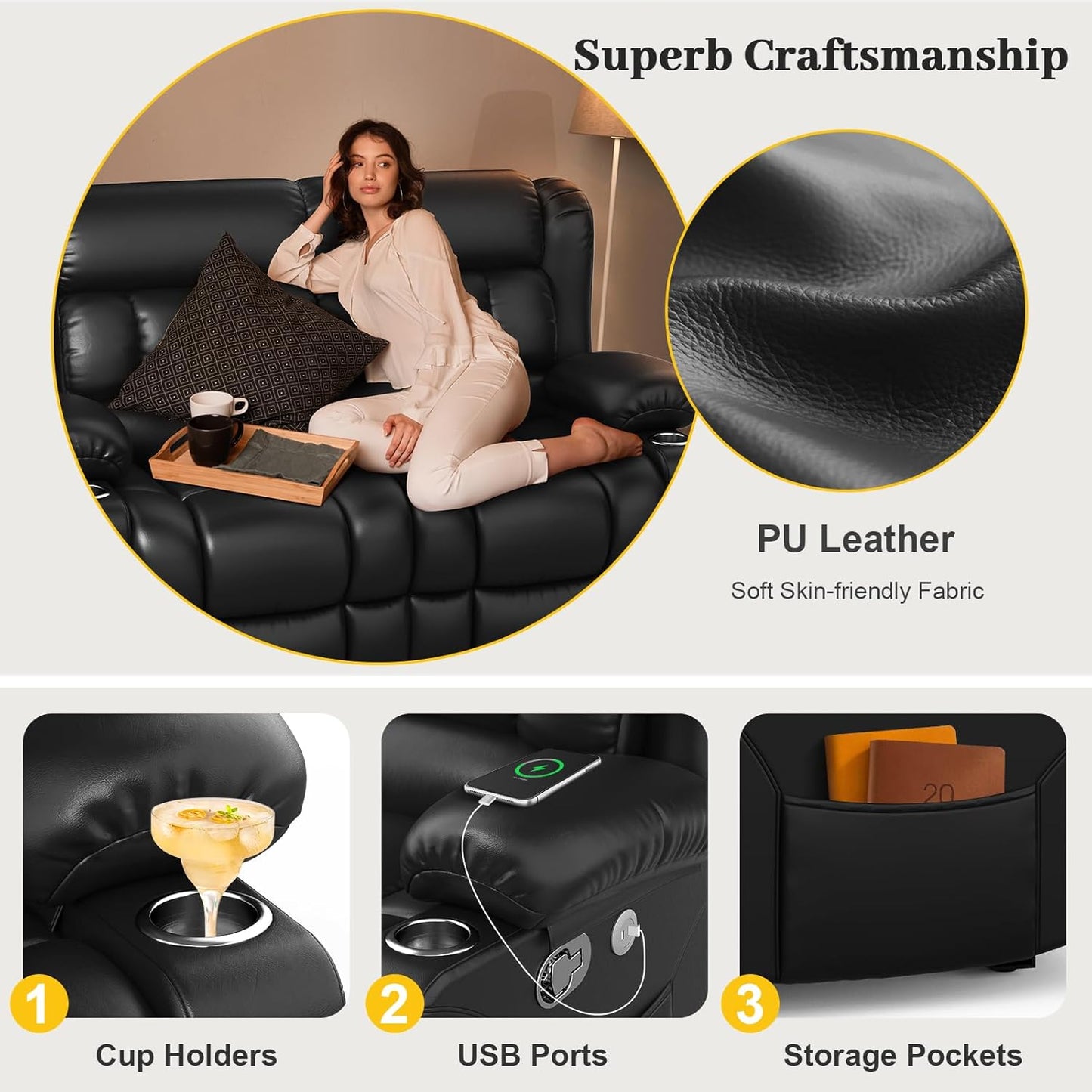 Loveseat Recliner Sofa Set with 2+1 Pieces, 2 Seater Minimalist Style Manual Pull Tab Reclining Loveseat with USB Charge Ports, Cup Holders, Recliner Couches for Living Room, RV, Black