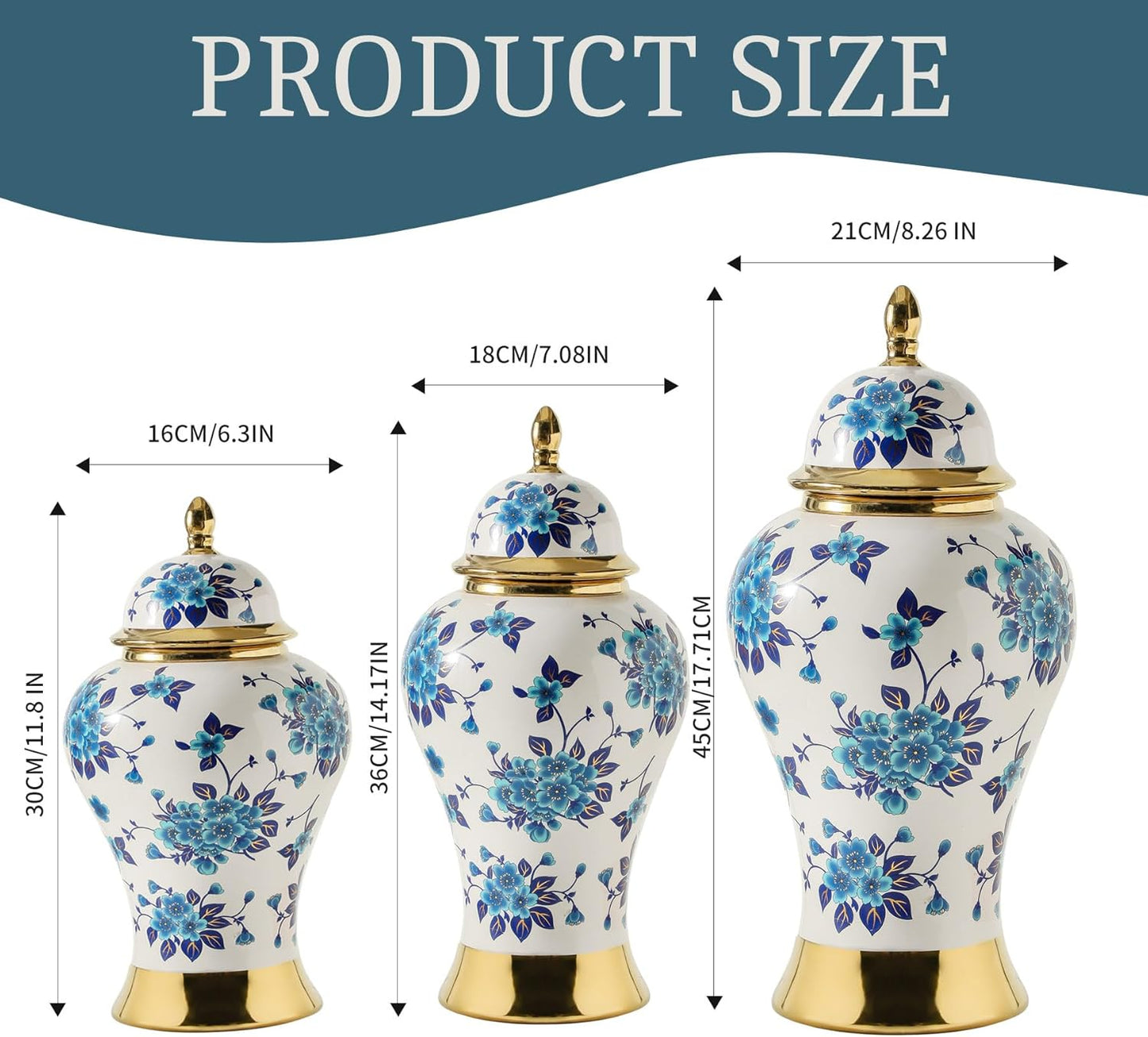 Ginger Jars for Home Decor, White and Gold Vase, Porcelain Ginger Jar Chinoiserie Blue and White Vase with Gold Trim and Floral Pattern, Ceramic Flower Vase for Home, Temple and Storage Jars(18in)