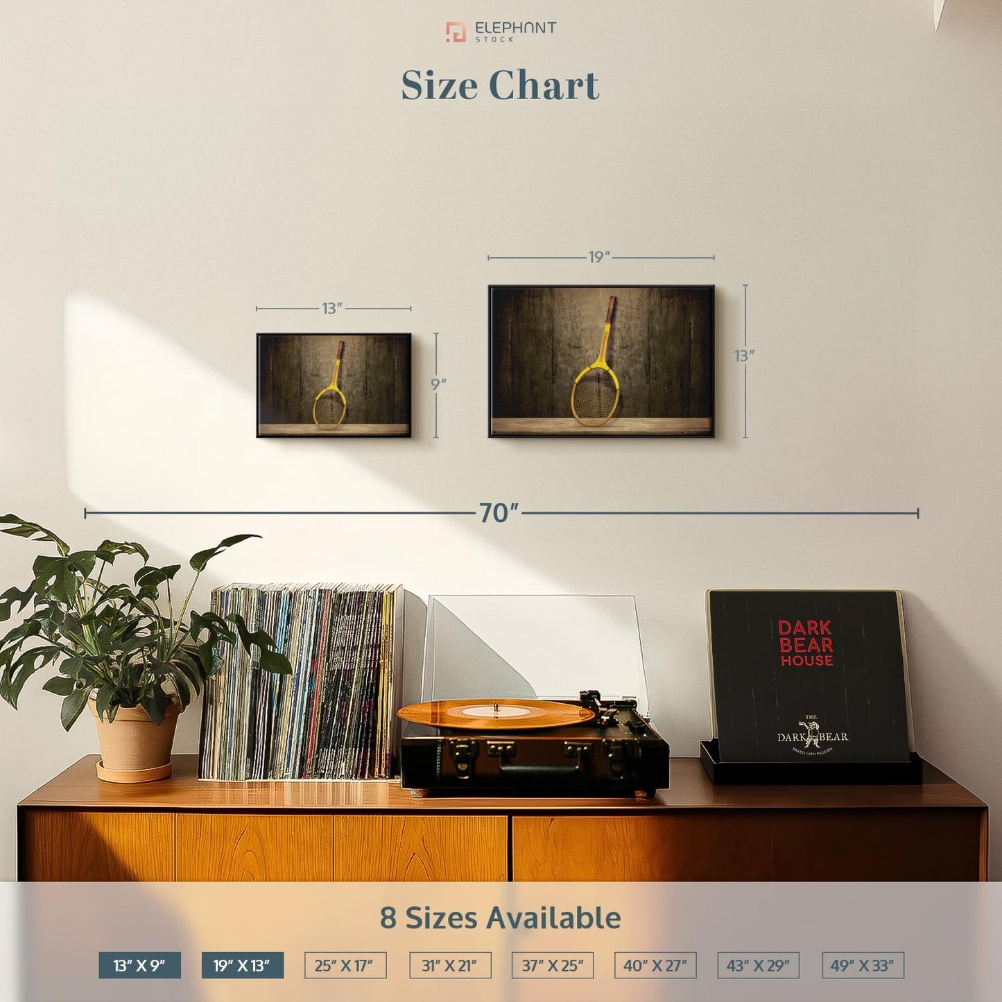 ElephantStock Vintage Tennis Racket Wall Art - Horizontal Framed Canvas - 1-Piece Living Room Wall Decor - Photography Sports Canvas Print - Brown and Black Decor for Wall - 19" X 13"