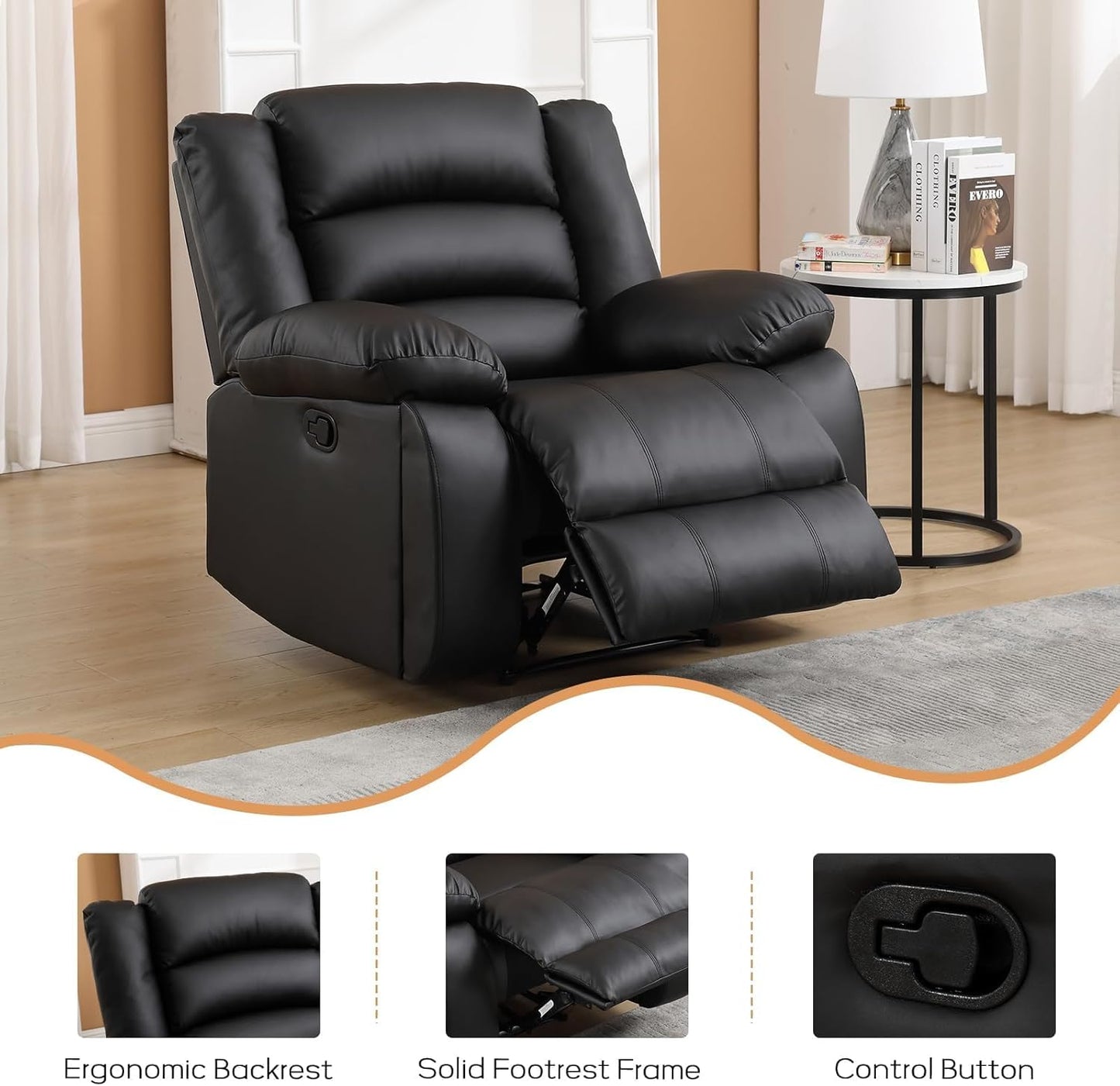 EBELLO Faux Leather Manual Recliner Sofa Set, 2 Recliner Chair, 3 Seat Reclining Sofa, Couch Set for Living Room, Bedroom, Meeting Room, Black (2Recliner+Sofa)