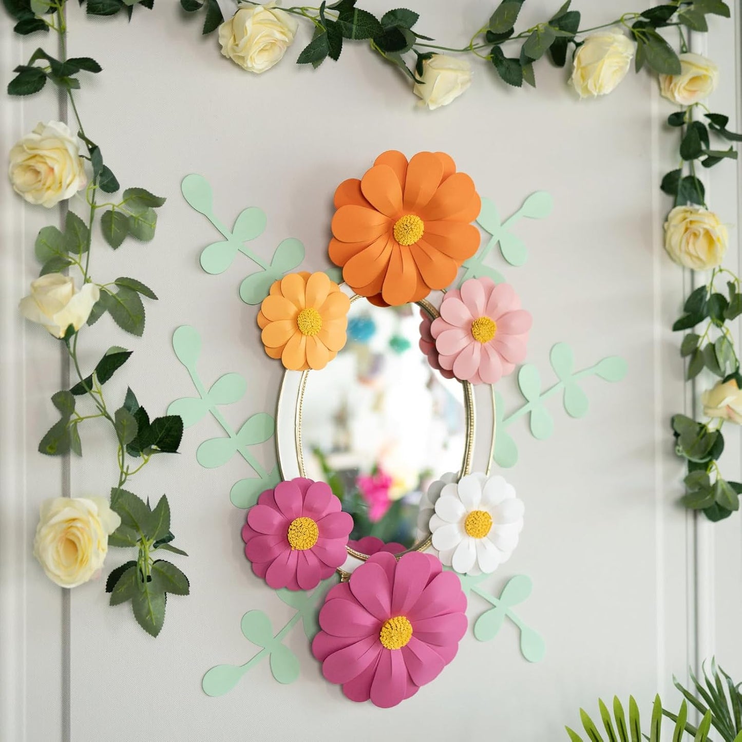 Paper Flowers Decorations for Wall, 3D Handmade Artificial Flowers for Wall Decorations, Pink Orange White, for Baby Girl Nursery Room Bulletin Board Decoration