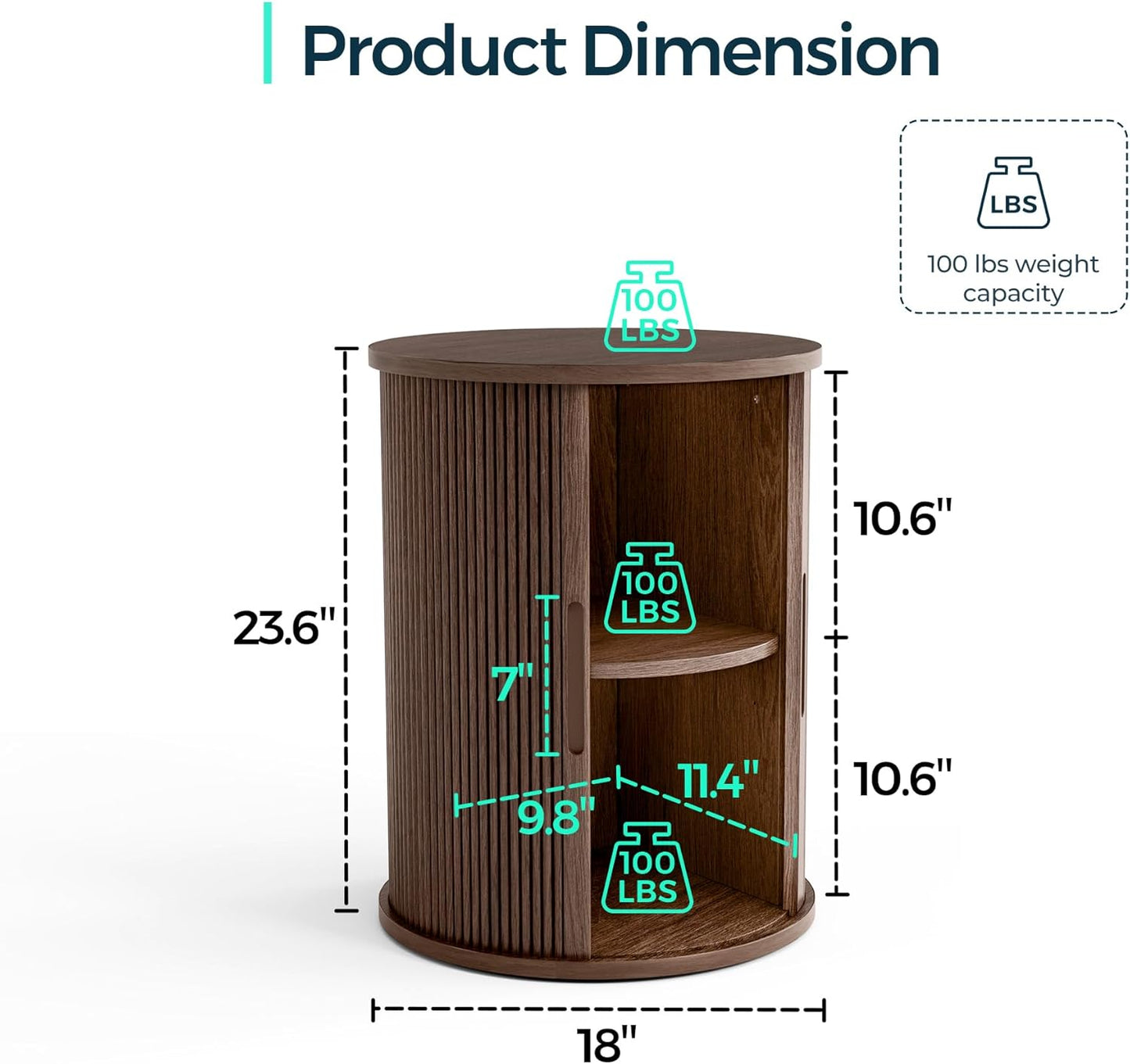 LINSY HOME Round Fluted End Table, Tall Side Table with Sliding Tambour Door and Storage Shelf, Modern Bedside Table, Mid-Century Nightstand for Living Room, Bedroom, Walnut