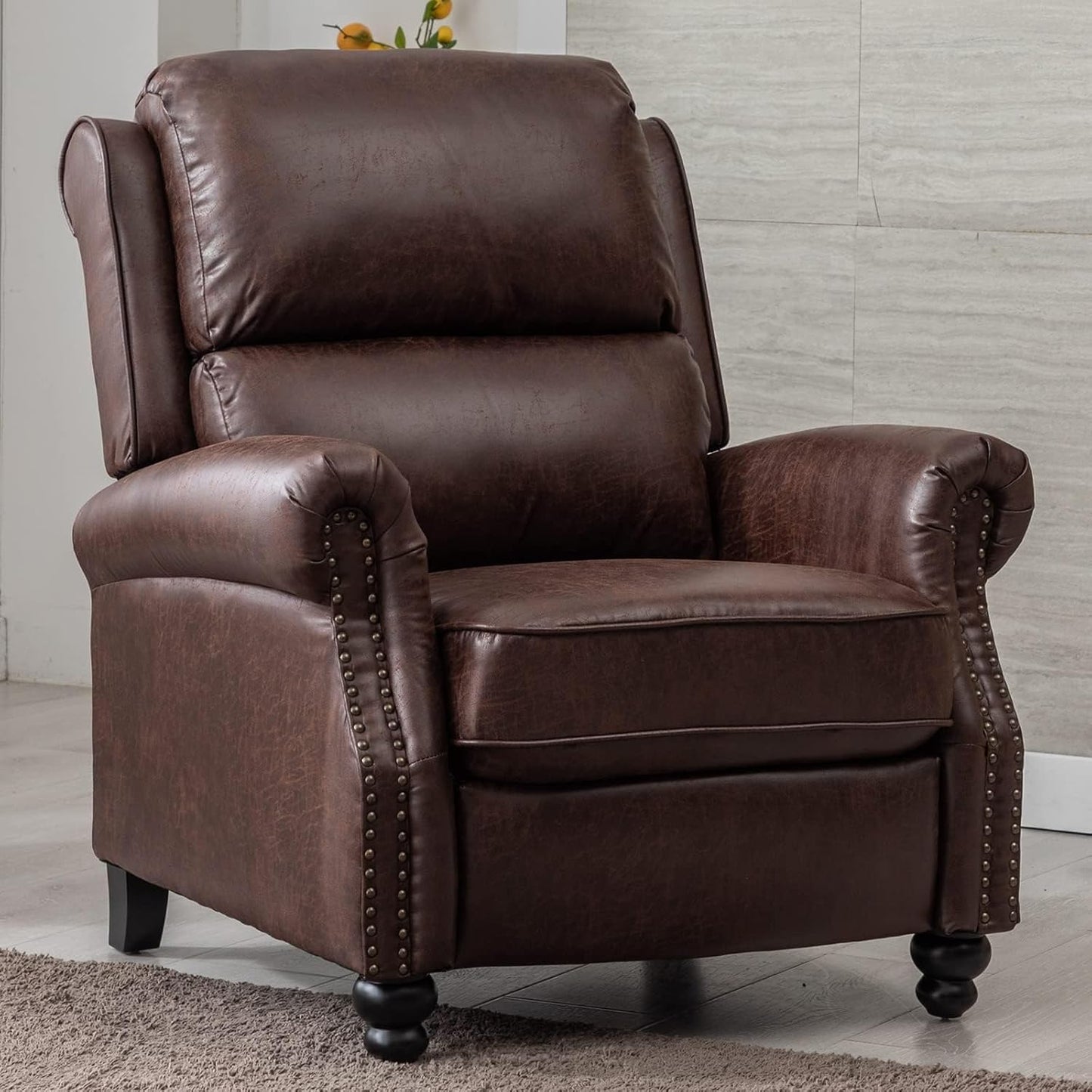 CANMOV Pushback Recliner Chair Faux Leather Armchair Push Back Recliner with Rivet Decoration Single Sofa Accent Chair for Living Room, Reddish Brown