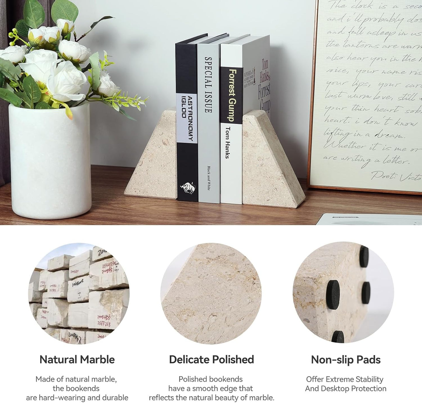 Marble Bookends for Heavy Books, Decorative Book Ends for Shelves, Beige Stone Durable and Heavy-Duty Book Ends for Hardback Books & CDS, Unique Book Stopper & Holder, Set of 2