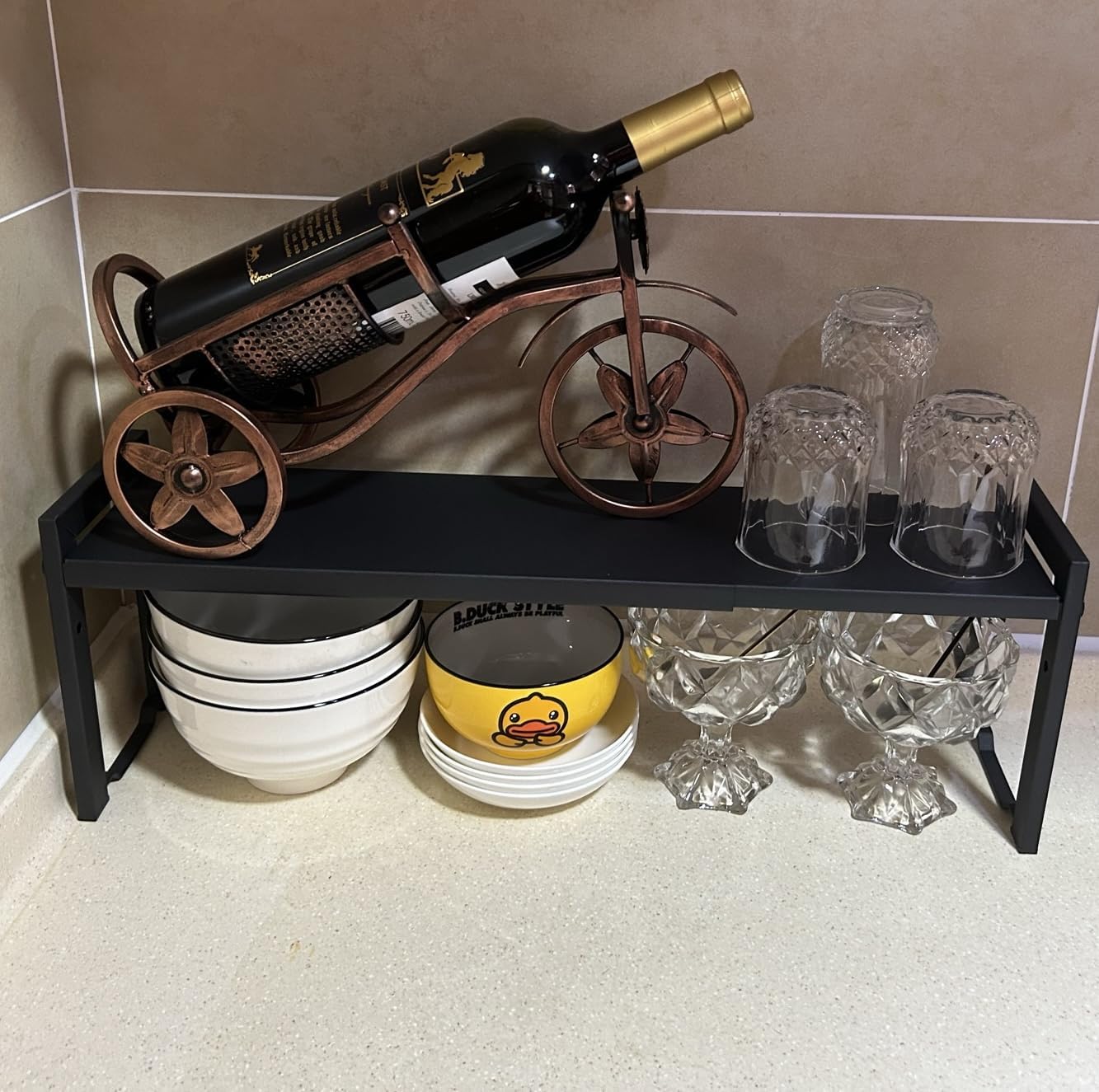 Expandable Cabinet Shelf Organizer 16-26" L Stackable Kitchen Counter Shelf Rack Stand Sink Riser Countertop Storage Black (Narrow 5.1”D)