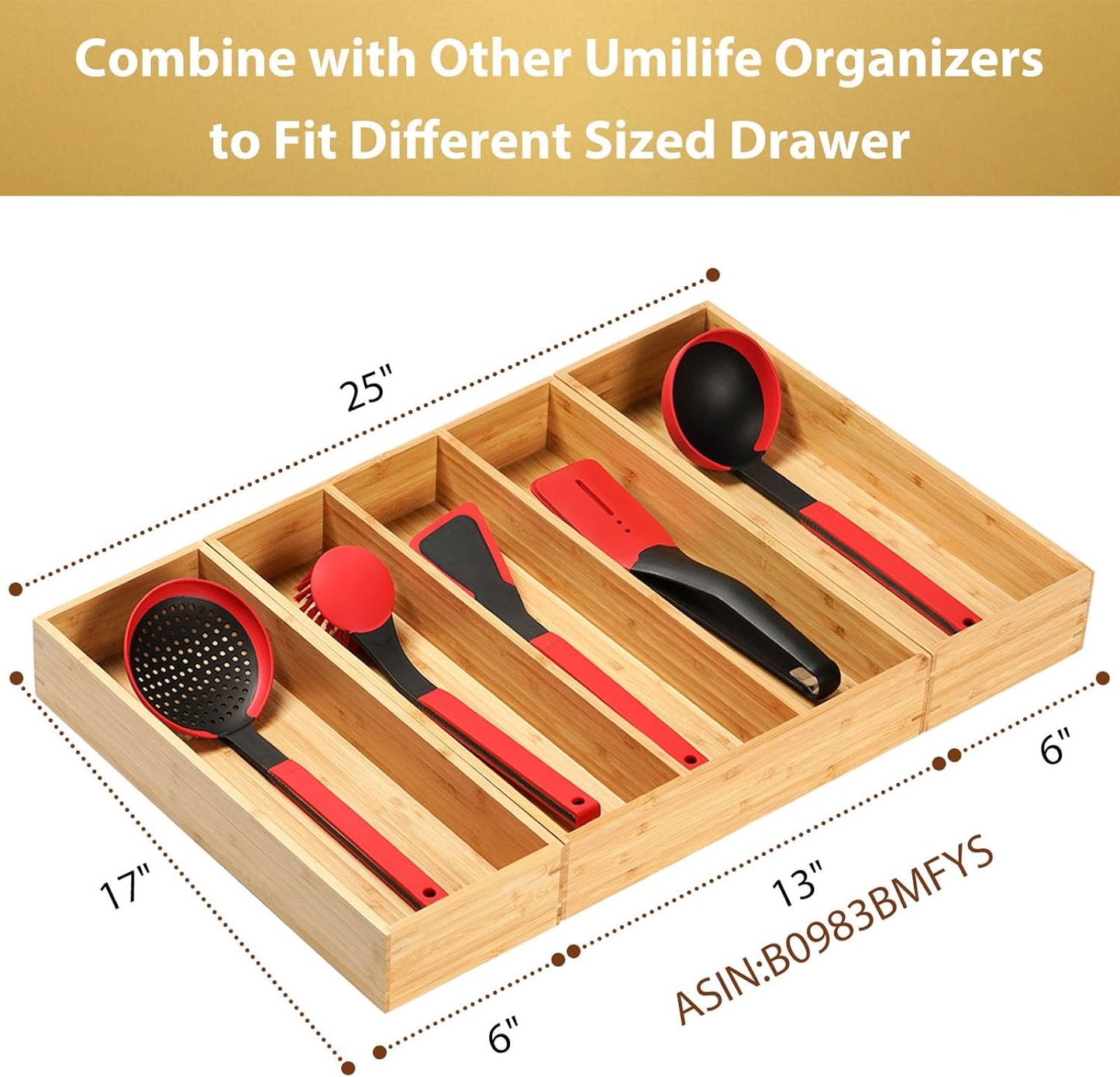 Umilife Bamboo Kitchen Utensils Organizer, Extra Long High Silverware Drawer Holder, Flatware Cutlery Storage Box, Multi-Use Drawer Divider in Office, Bathroom, Pantry - 17"x6"x2.5" (Set of 2)