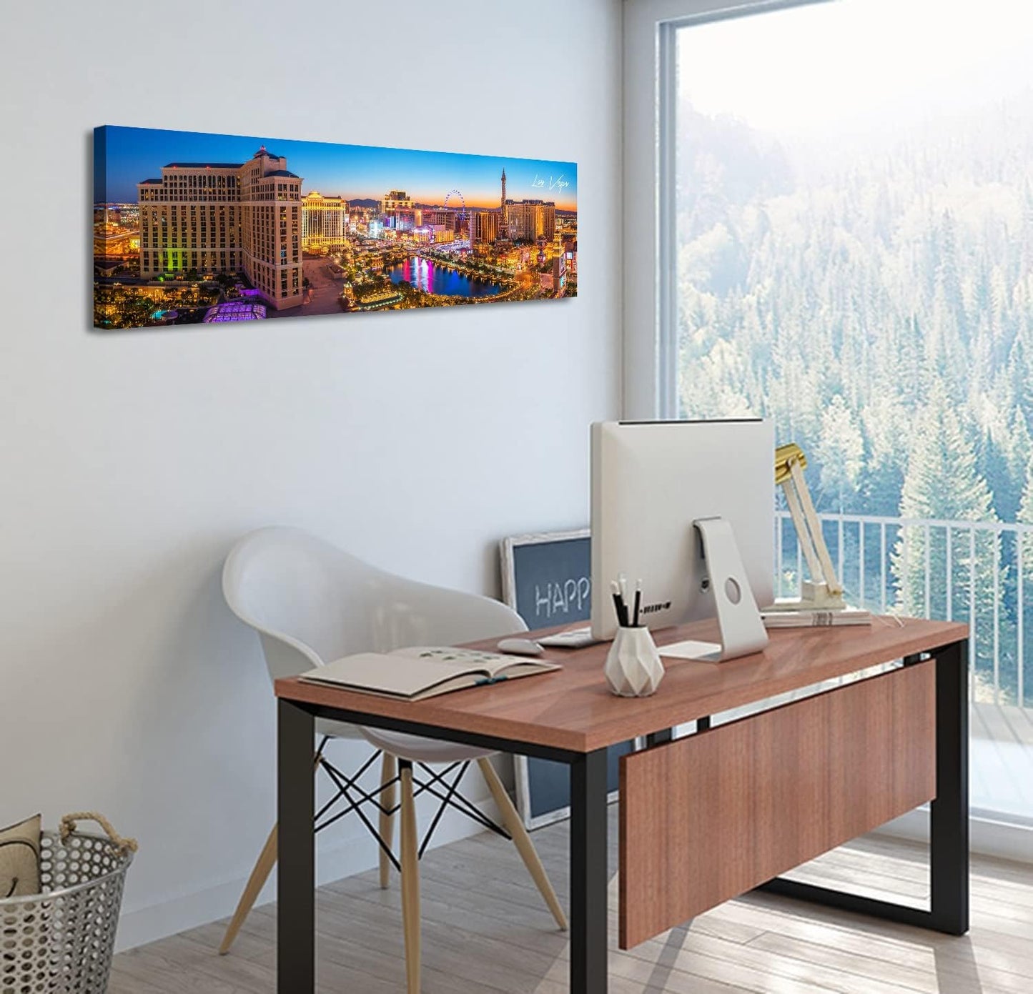 Las Vegas Skyline Wall Art Cityscape Canvas Prints City Modern Building Posters Bellagio Fountain Skyscraper Night View Panoramic Pictures for Home Office Living Room Decor Framed 13.8"x45.3"