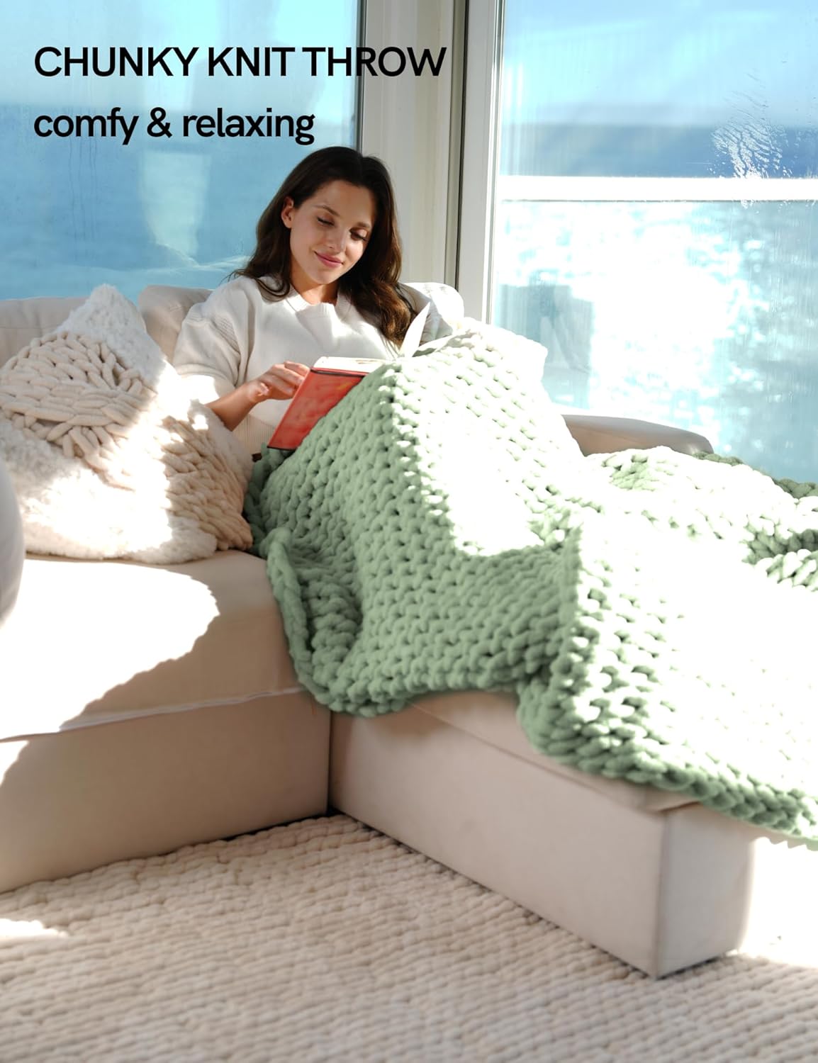 YnM Chunky Throw Blanket, Medium-Weight, Hand Knitted with Chenille Yarn, Skin Friendly, Ventilated and Breathable, Machine Washable, Home Décor Piece for Couch, Sofa and Bed (Sage Green, 40x50 Inch)