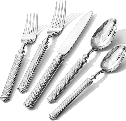 KINGSTONE Retro Rope-Pattern Silverware Set, 5-Piece Flatware Set Cutlery Set Forged with Handcrafted Texture Handles 18/10 Stainless Steel, Dishwasher Safe