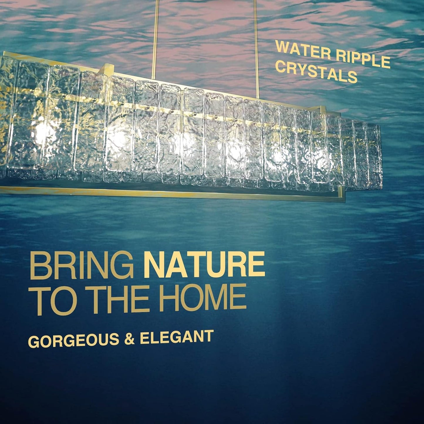 IKK Modern Rectangle Gold Crystal Chandeliers for Dining Room, 42" Large Rectangular Water Ripple Glass Island Light Fixture, Elegant Linear Lighting for Kitchen Island, Living Room, L42 x W11 x H12