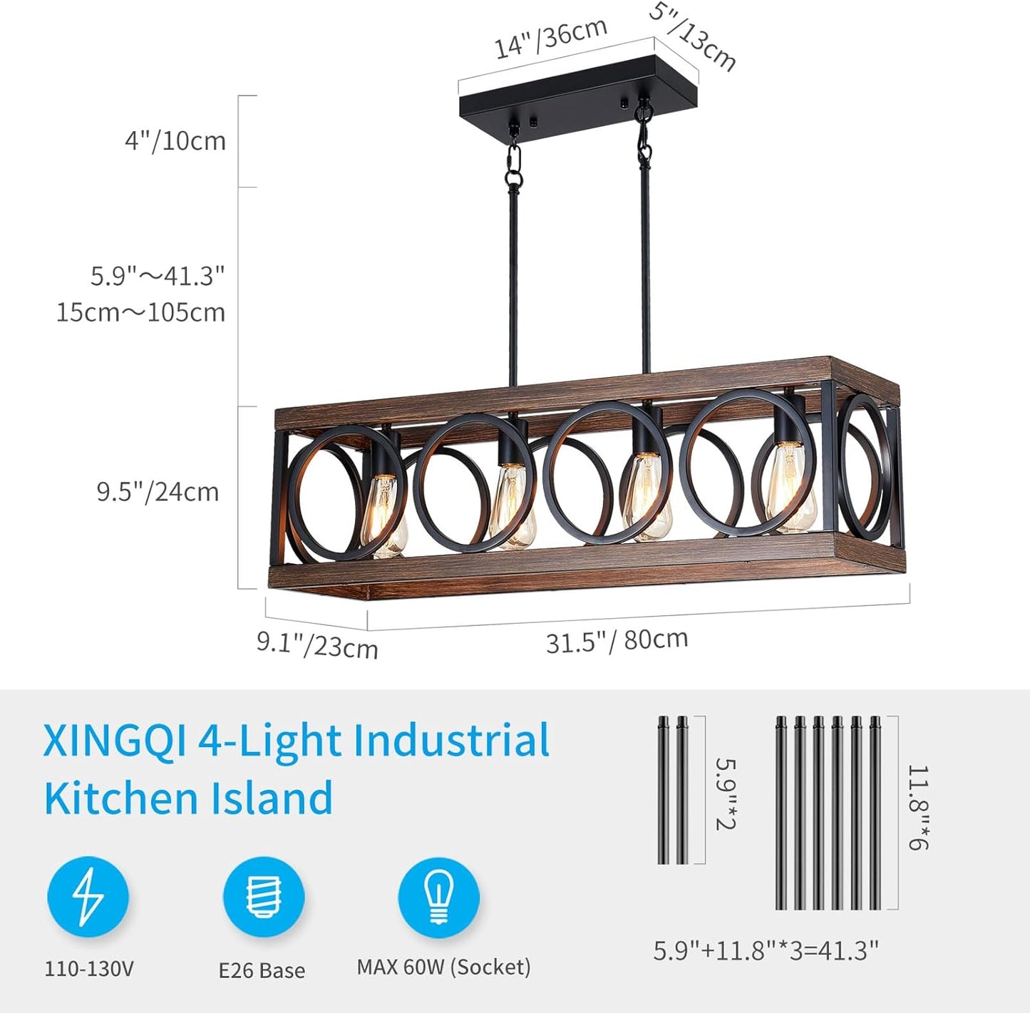 XINGQI Black Kitchen Island Light Fixtures, Farmhouse Dining Room Chandelier Rectangular Linear Chandeliers Pendant Ceiling Light Fixture for Bar Office Coffee Shop 4-Light Wood Grain