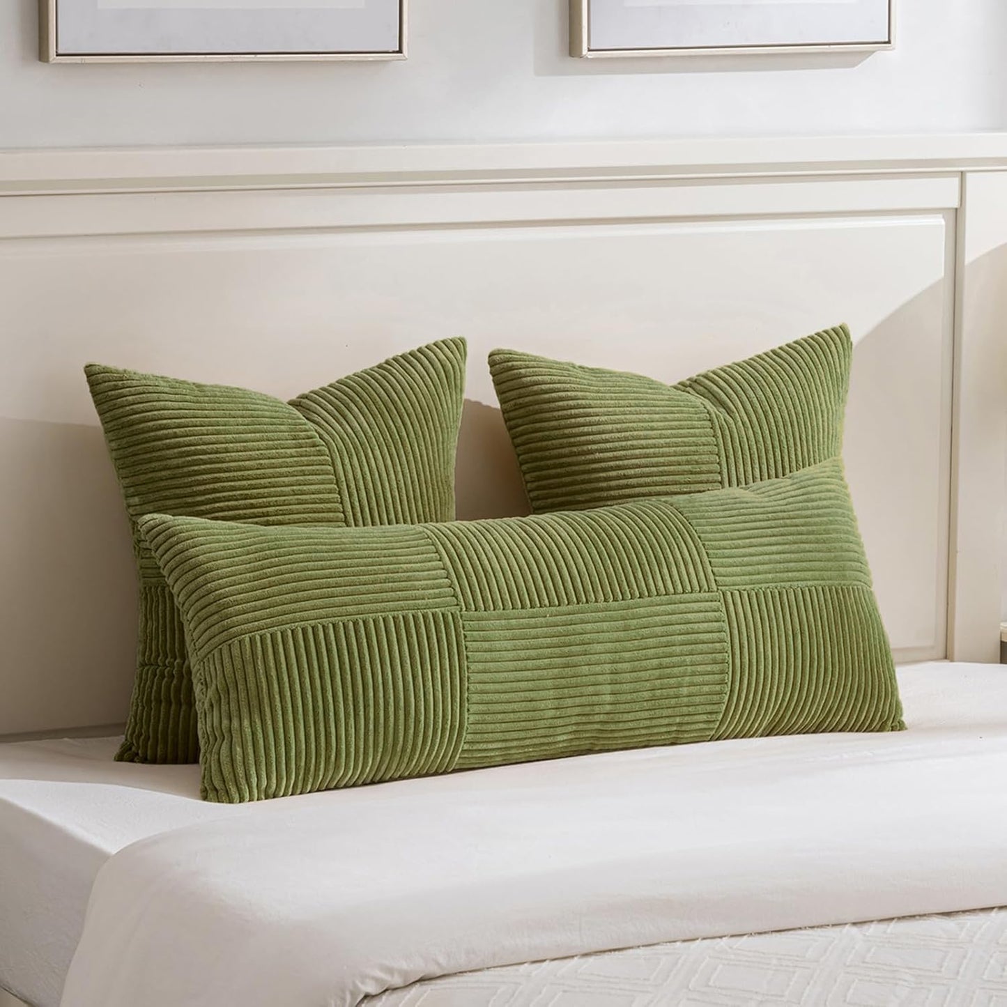 Fancy Homi 2 Packs Moss Green Decorative Throw Pillow Covers 22x22 Inch for Living Room Couch Bed Sofa, Farmhouse Boho Home Decor, Soft Corss Corduroy Patchwork Accent Square Cushion Case 55x55 cm