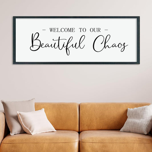 LuZhiQiang Welcome To Our Beautiful Chaos Sign Wall Decor 40"×15" for Home Living Room Entryway Bedroom Large Wood Framed Wall Hanging Art (Black)