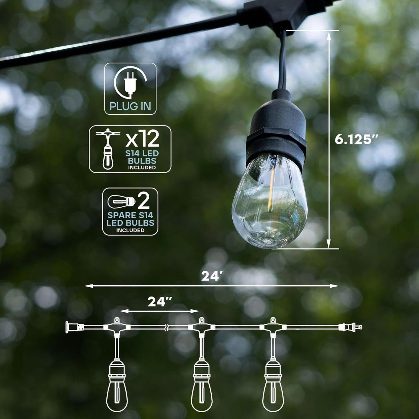 LUXRITE 24FT LED Outdoor String Lights, Commercial Grade Waterproof, 12 Edison S14 Shatterproof Bulbs, IP65, Decorative Hanging for Patio, Backyard, Garden, Cafe, Balcony