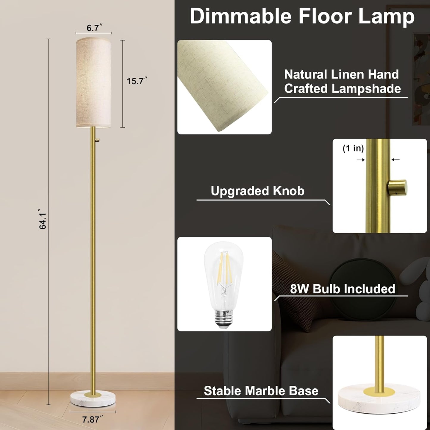 Dimmable Gold Floor Lamp for Living Room,Modern Standing Lamp with Marble Base,LED Bulb Included,Floor Lamps for Bedroom, Living Room,Office,Reading and Nursery(Gold Floor Lamp)