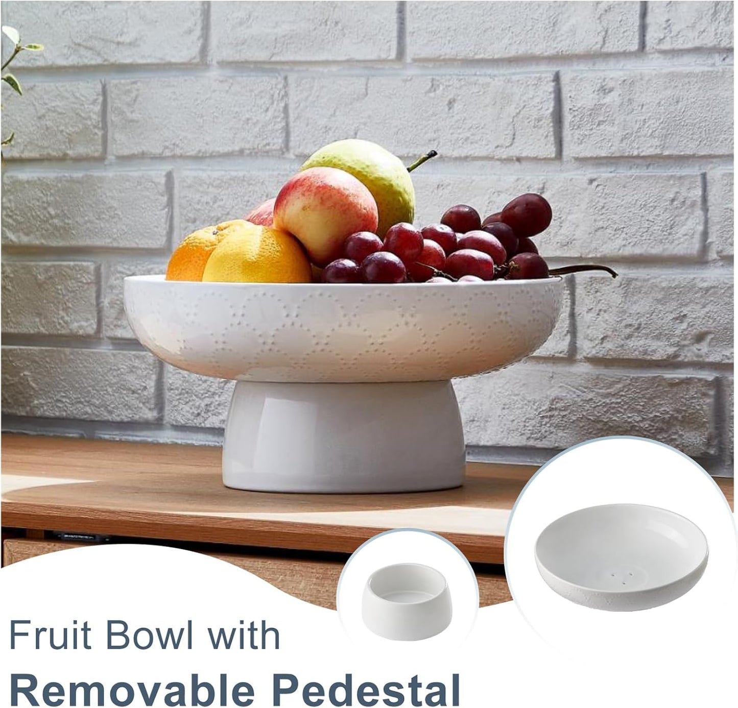 ONEMORE Ceramic Fruit Bowl, 10" Large White Removable Pedestal Bowl for Kitchen Counter, Modern Footed Fruit Bowl with Draining Holes, Decorative Fruit Bowls for Vegetables, Snacks, Candies