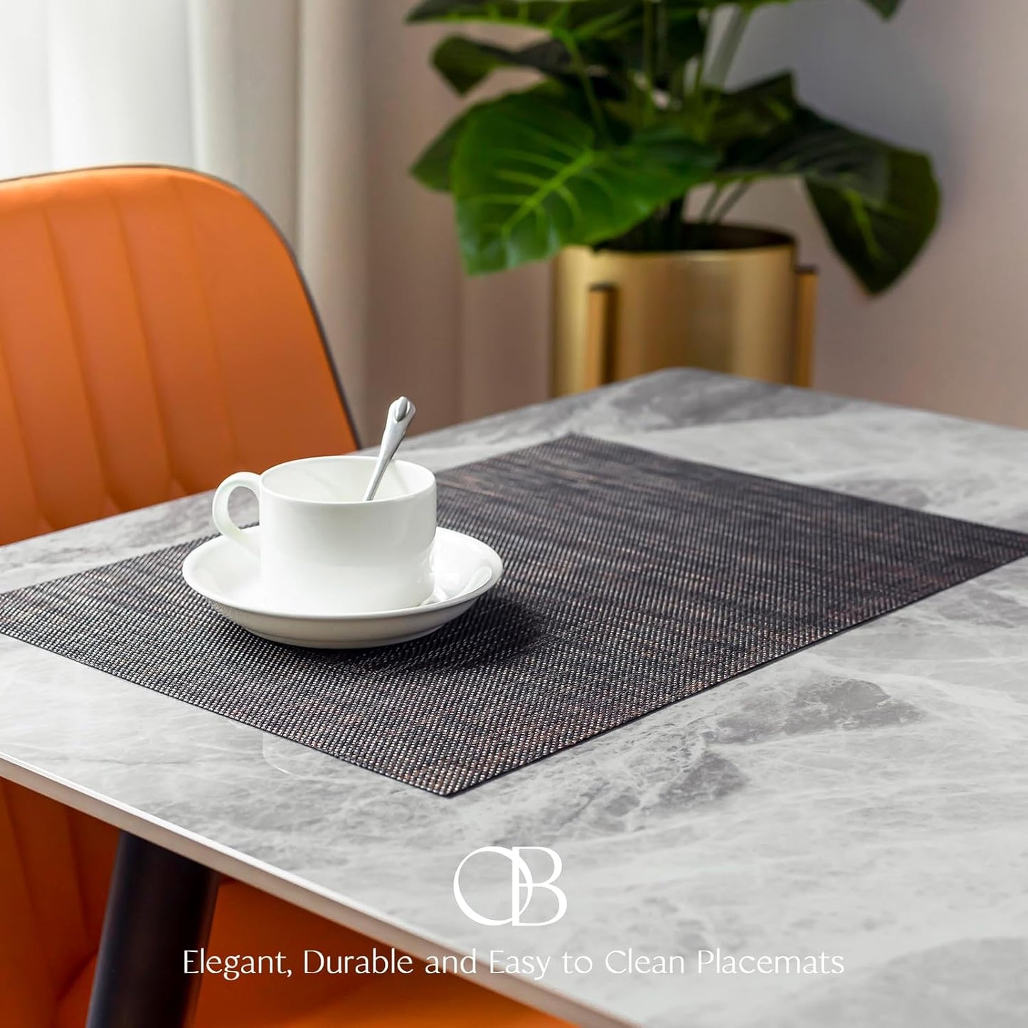 Placemats Set of 8 - Easy Clean Woven Vinyl Placemats for Dining Table, Indoor/Outdoor Place Mats, Washable PVC Table Mats（Black/Brown）