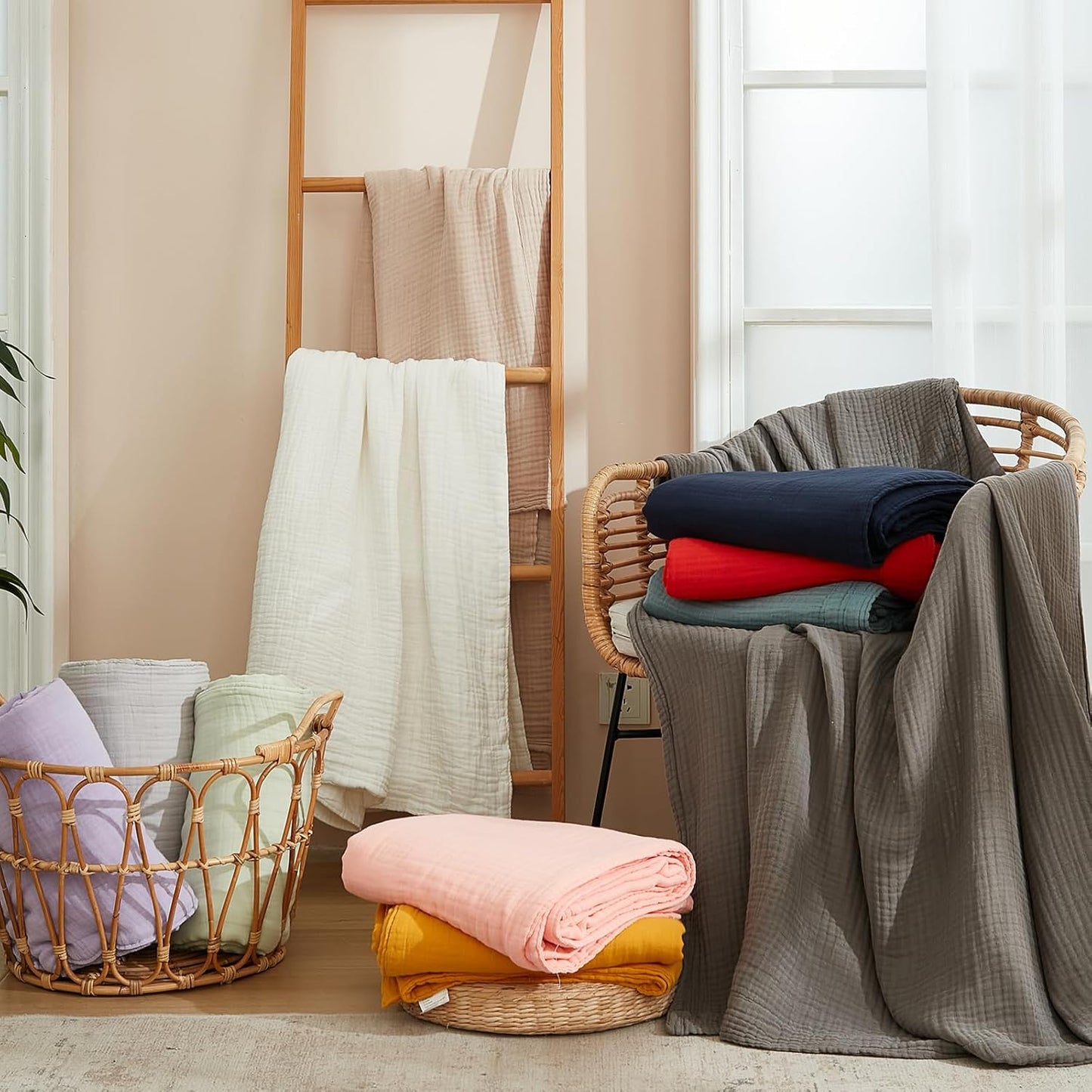 EMME Cotton Blanket Queen Size for Bed Soft Large Muslin Bed Blankets 90"x90" Lightweight Breathable All Season Gauze Blanket, Pink