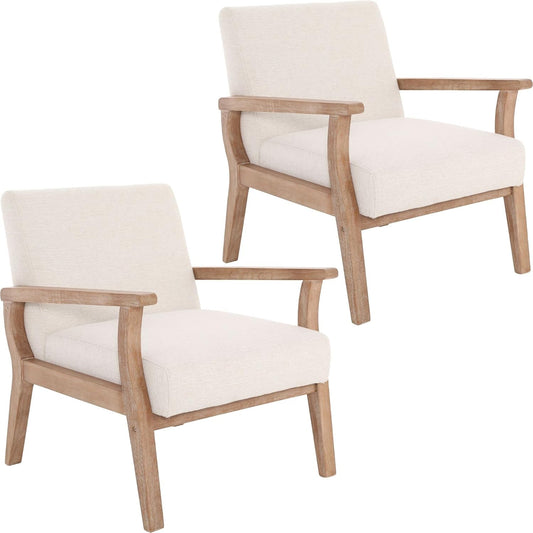 Mid Century Modern Accent Chair Set of 2, Linen Upholstered Living Room Accent Armchair with Wood Frame, Farmhouse Chair for Living Room Bedroom, Ivory