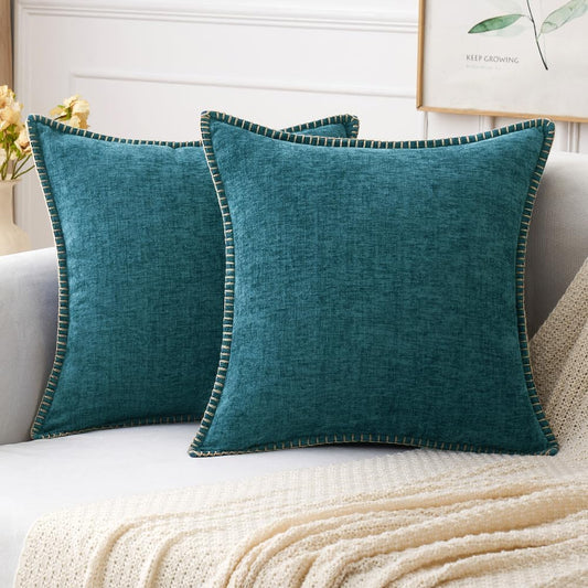 MIULEE Pack of 2 Couch Throw Pillow Covers 20x20 Inch Dark Teal Farmhouse Decorative Pillow Covers with Stitched Edge Soft Chenille Solid Dyed Spring Pillow Covers for Sofa Bed Living Room