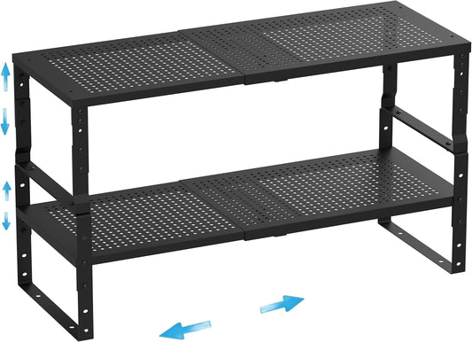 Expandable,Adjustable & Stackable Spice Rack, Cabinet Kitchen Countertop Shelf Organizer,Metal Pantry Storage Shelves - Space-Saving Storage Solution(2Packs/Black/Medium)