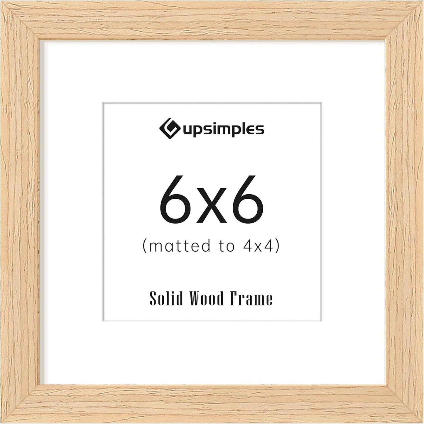 upsimples 6x6 Picture Frame, Natural Solid Wooden Picture Frames, Display 4x4 with Mat or 6 x 6 Without Mat, Wall or Tabletop, 1 Pack, Natural