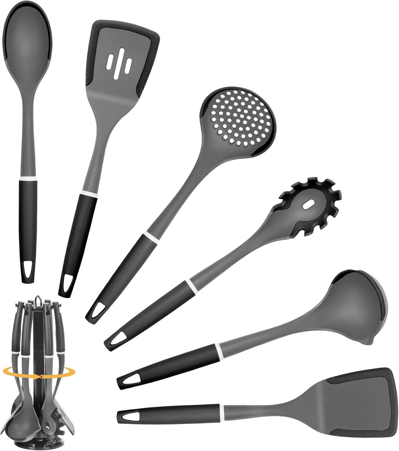6-Piece Silicone Kitchen Utensil Set with Rotating Stand, Non-Stick, Heat-Resistant (400°F), Nylon Handle, Cooking Spatula Set for Baking & Cooking, Light Gray