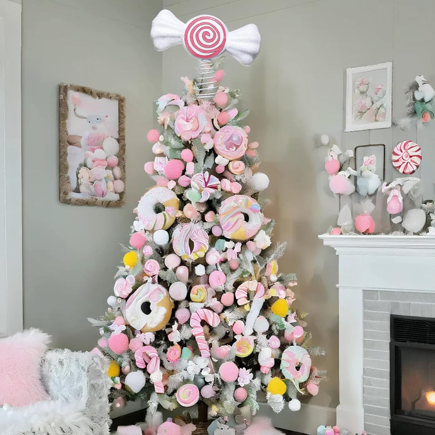 Retisee 9.8 in Large Pastel Candy Christmas Tree Topper Pink Candy Swirl Treetop Pink Pastel Candycane Christmas Ornaments for Xmas New Year Birthday Party Tree Decorations