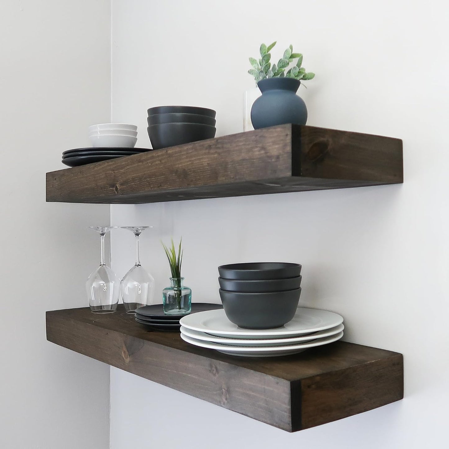Modern Floating Shelves 3 Inches Thick for Wall, Wide Shelves for Kitchen, Living Room, Bedroom, and Bathroom, Natural Pine Wood, Rustic Wooden Shelf, (Set of 2) (Jacobean, 60Lx3Hx6D)