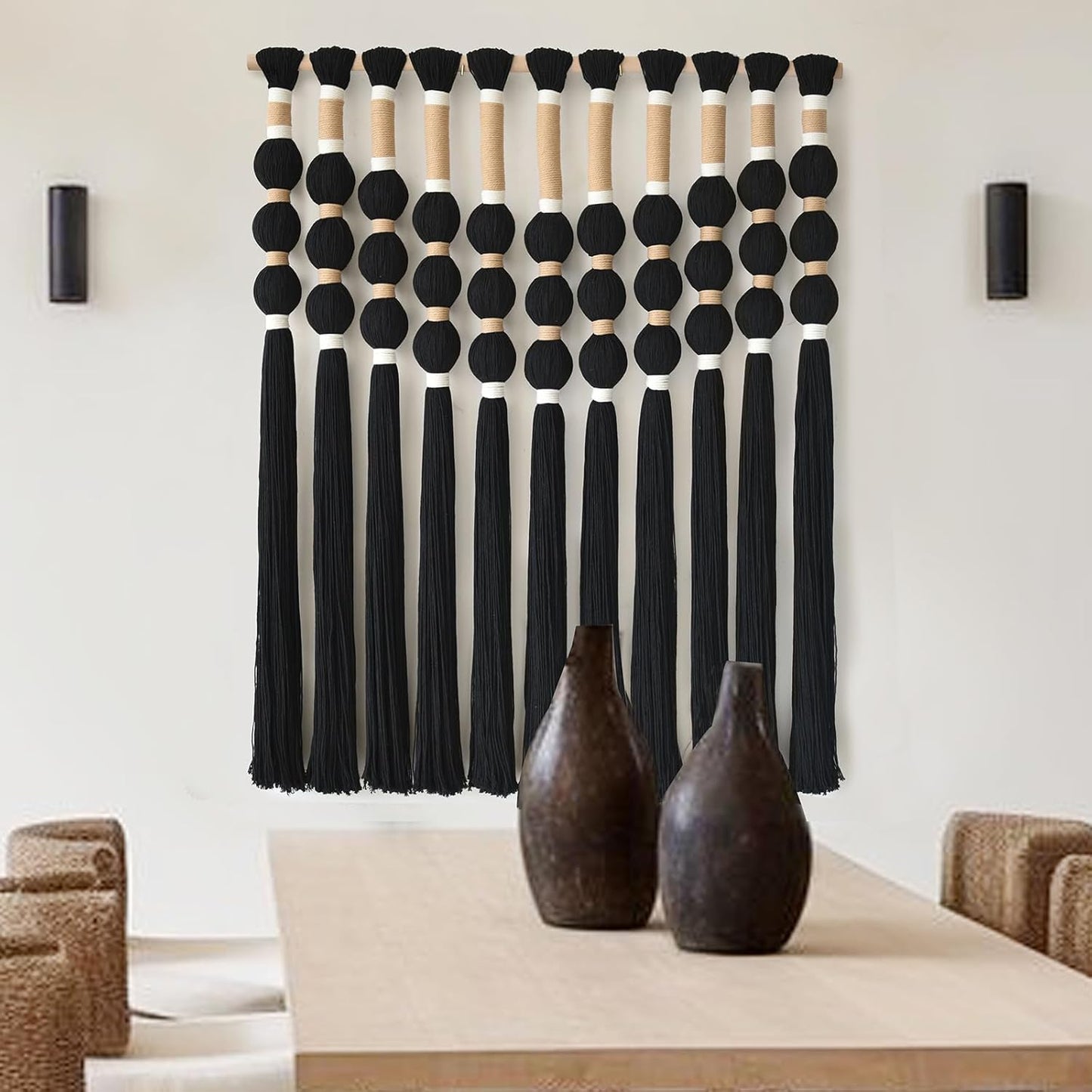 Macrame Wall Hanging Boho Wall Decor Black Fiber Yarn Wall Art Handmade Cotton Spherical Knot for Living Room Bedroom Nursery Office Home Decor27" W x 33" L