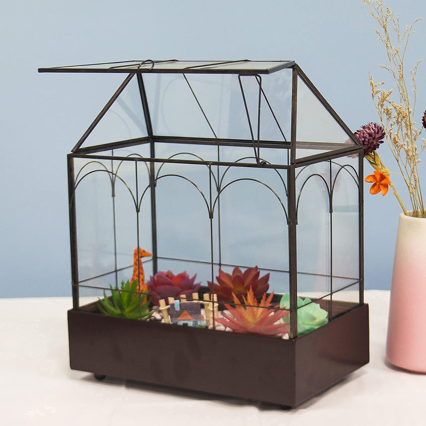 Large Tall Glass Plant Terrarium – House Succulent Terrarium Kit with Lip and Tray Glass Greenhouse Terrarium for Plant 9.5”X5.7”X11.4”