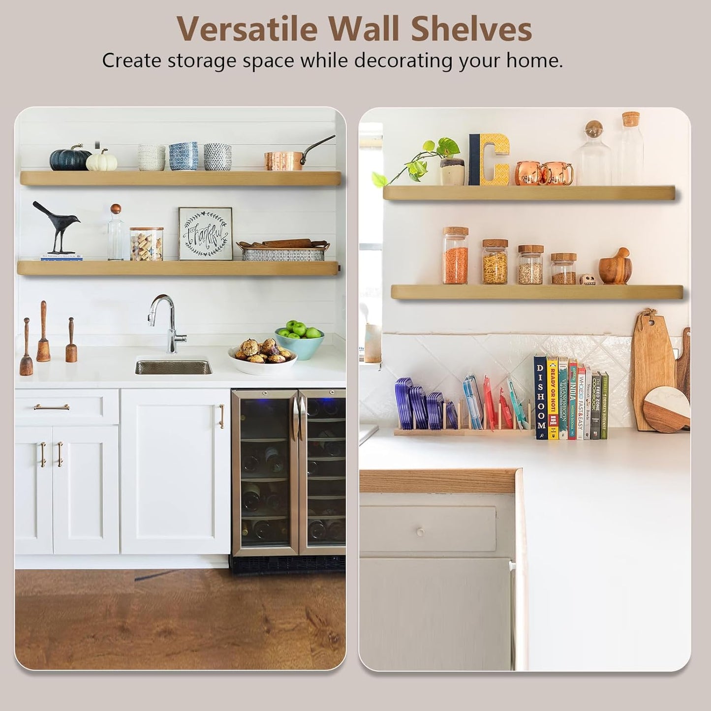 Solid Wood Floating Shelves Set of 2 - Natural, Warp & Crack Resistant 35.43 Inch Wall Shelf with Invisible Brackets Thicker, More Durable for Bathroom, Bedroom, Kitchen, Living Room (Wood, 35.43)