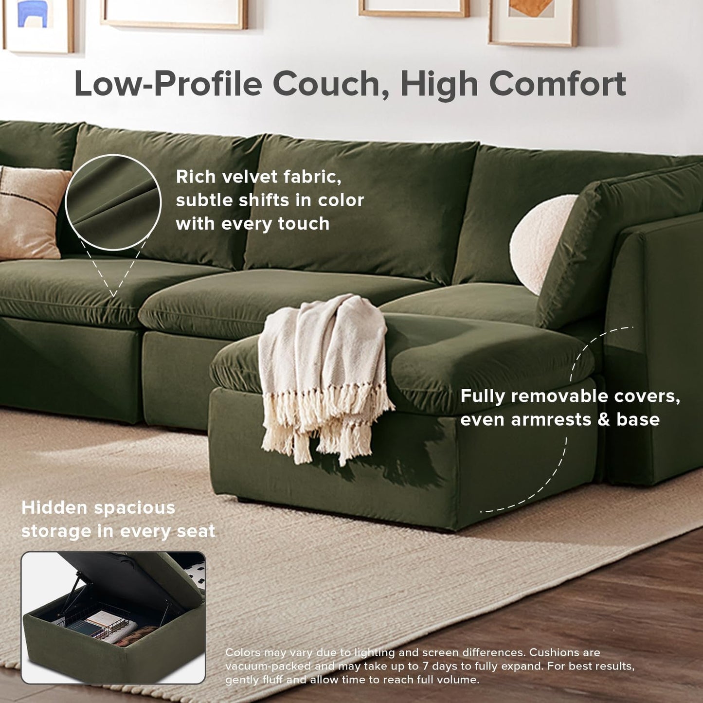 mopio Oversized Modular Sectional Sofa with Fully Removable Covers and Storage, Convertible U, L-Shaped and Sleeper Sectional, Modern Couches with Ottoman Chaise (Olive Green Velvet, 4 Seats, L)