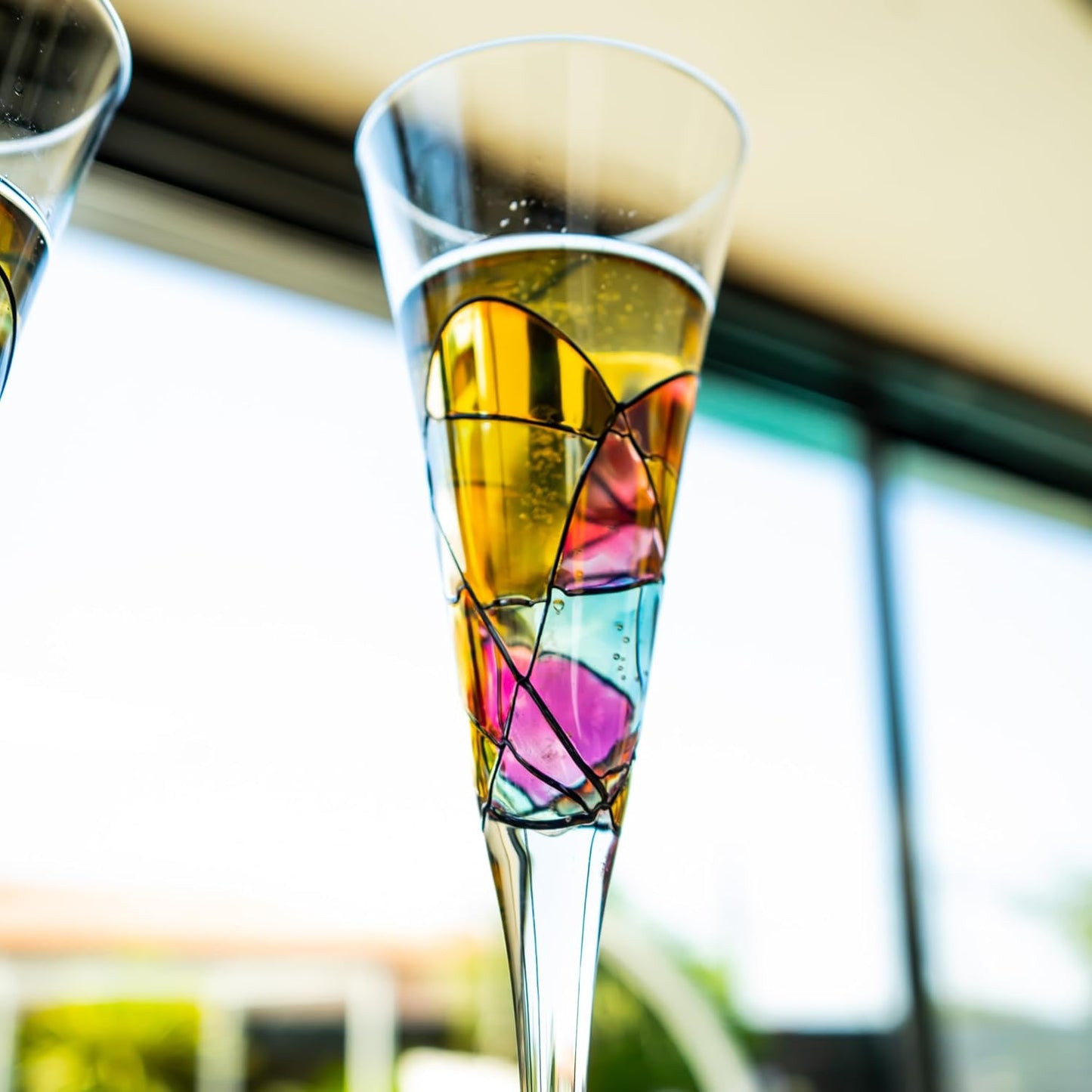 Victoria Barcelona Champagne Flute - 7.5 Oz Mouth-Blown Hand Painted, Antoni Gaudi & Murano Inspired Artistic Unique Gift Ideas Anniversary, Birthday, Weddings, Women & Men (2, Sagrada Red)